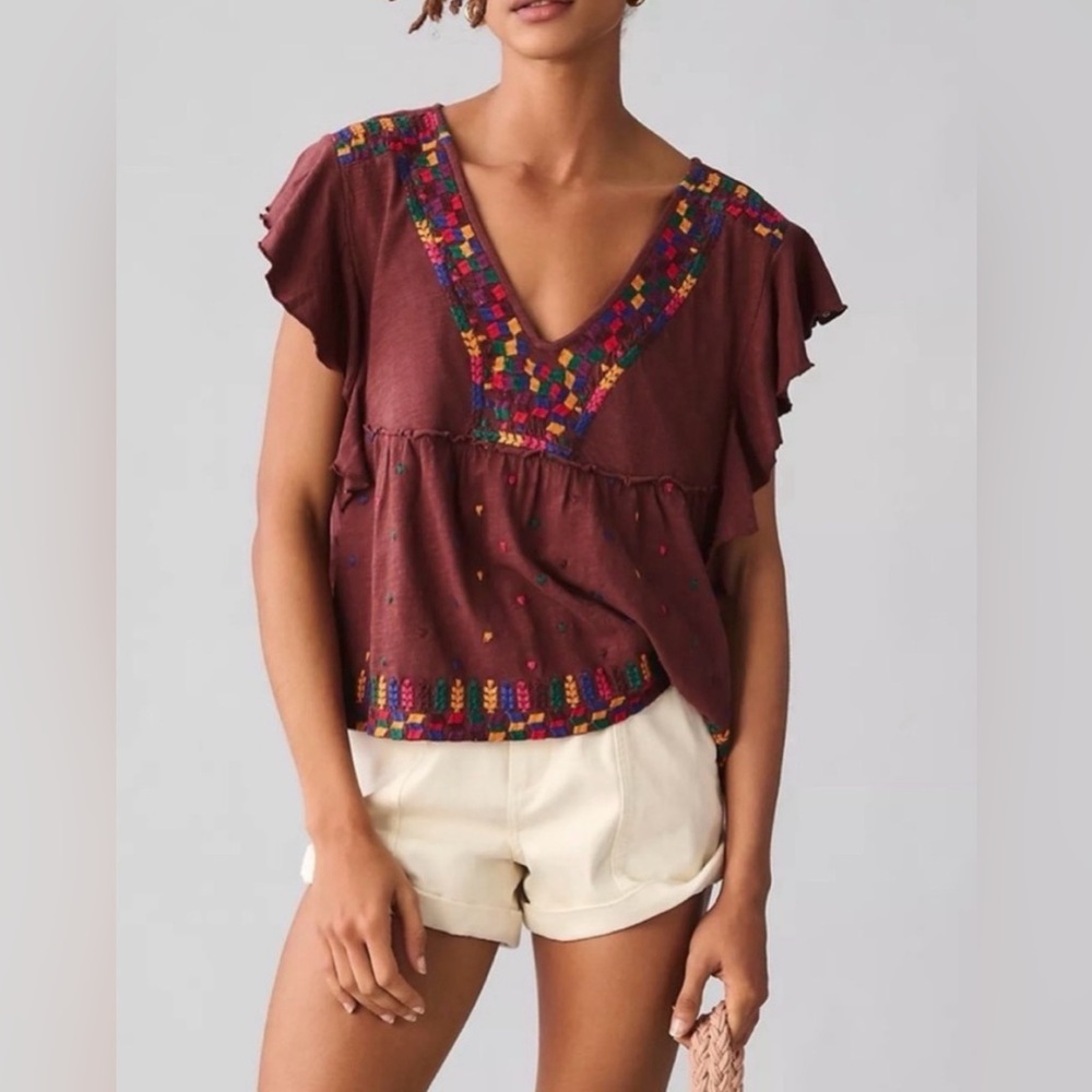 Anthropologie Burgundy Embroidered V-Neck Flutter Sleeve Blouse
